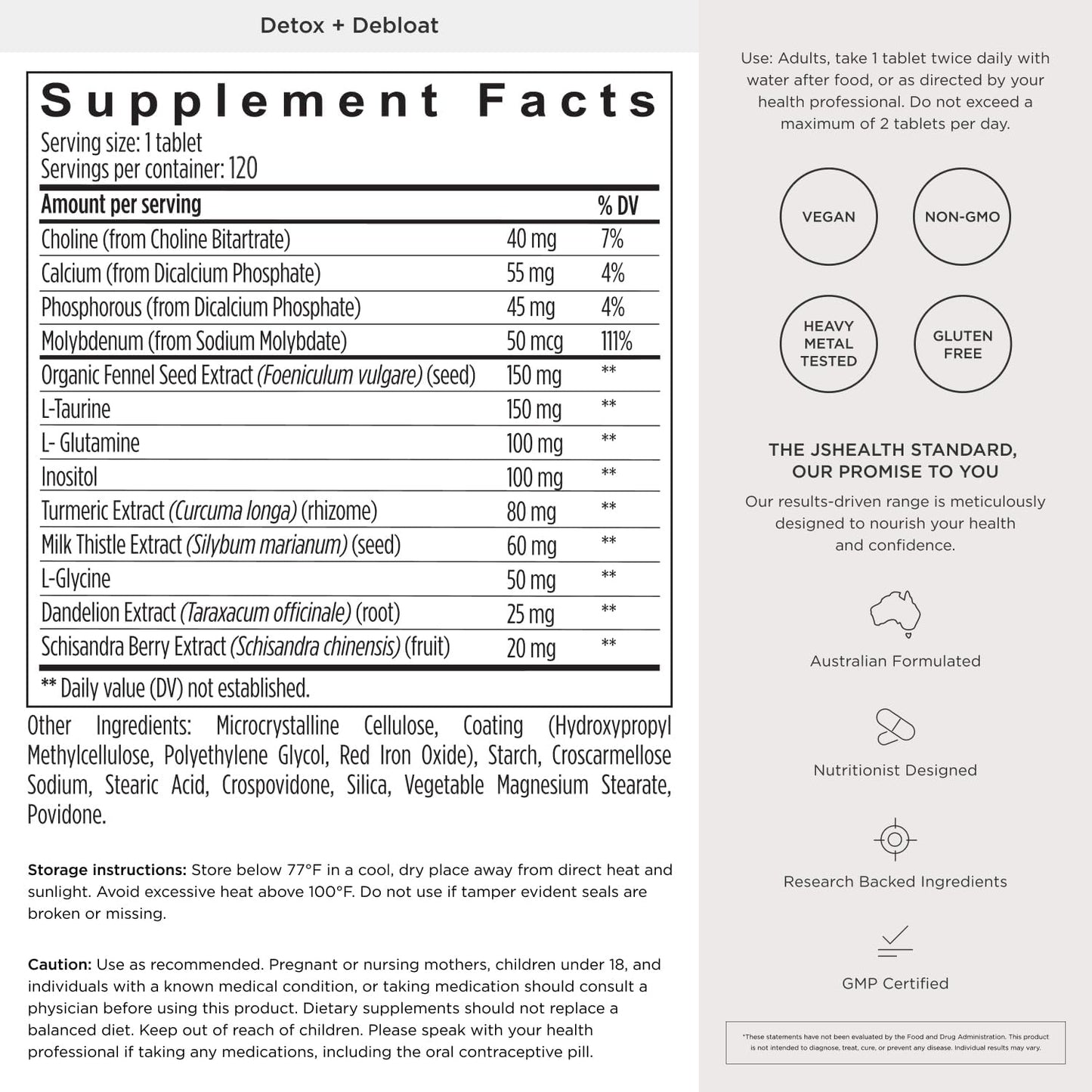 JSHealth Detox + Debloat. Bloating Relief for Women, 120 Tablets