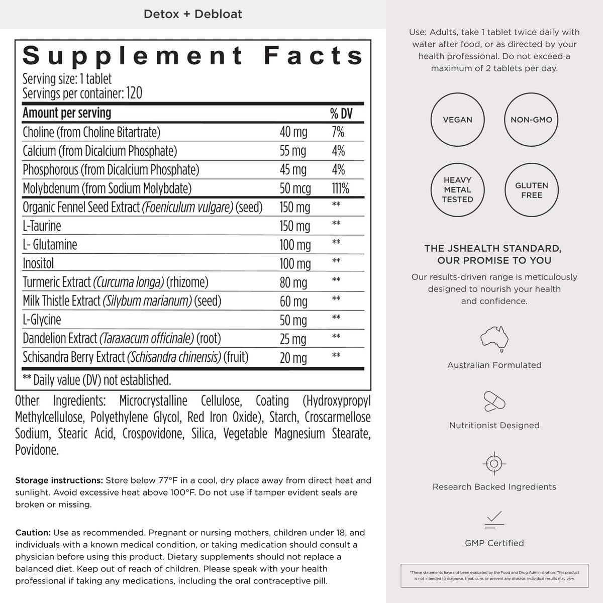 JSHealth Detox + Debloat. Bloating Relief for Women, 120 Tablets