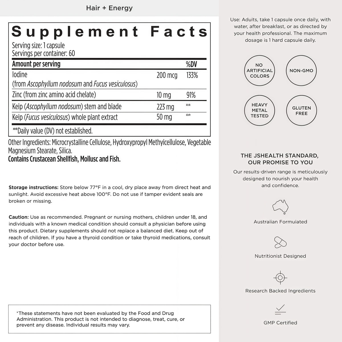 JSHealth Hair Growth Vitamins for Women. Hair + Energy with Kelp Iodine and Zinc. Supports Thickness, Strength, Energy. Nutritionist-Formulated (60 Capsules)