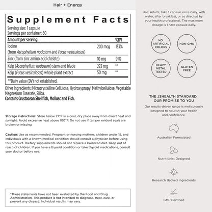 JSHealth Hair Growth Vitamins for Women. Hair + Energy with Kelp Iodine and Zinc. Supports Thickness, Strength, Energy. Nutritionist-Formulated (60 Capsules)